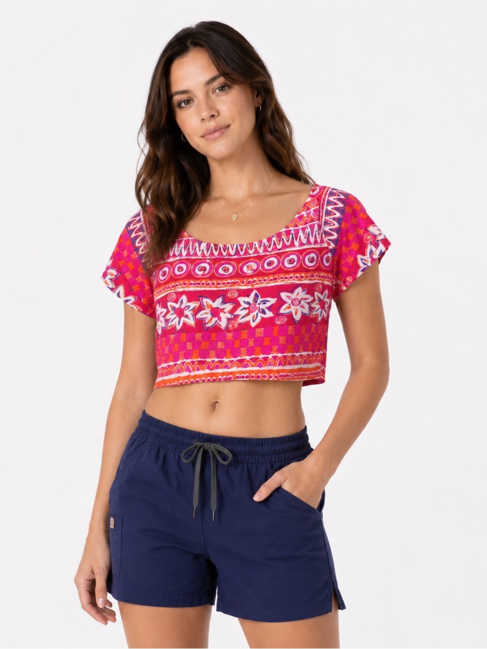 Vintage Ocean Pacific Crop Top Medium Open Back Pink Floral Y2K Boho Cotton